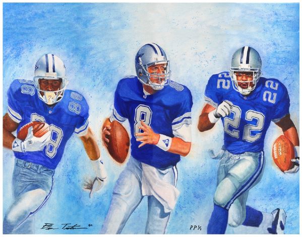 Dallas Cowboys Troy Aikman, Michael Irvin & Emmitt Smith LE Giclee On Canvas Painted By Ben Teeter