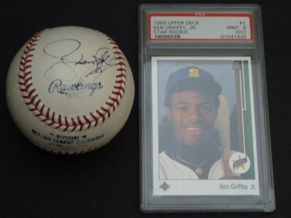 Ken Griffey Jr Autographed Baseball & 1989 Upper Deck Rookie Card