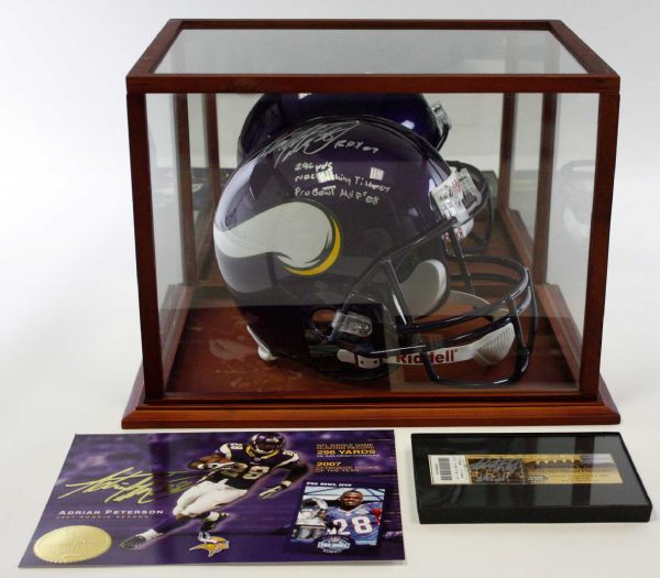 Adrian Peterson Autographed Multi Inscription Helmet & Ticket with Display Case