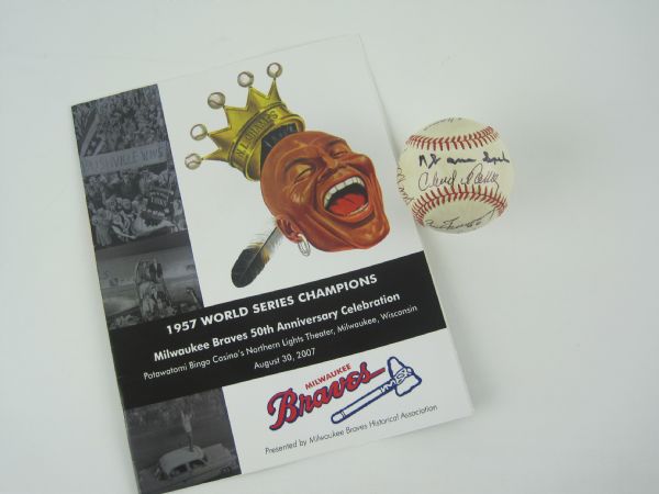 1957 Milwaukee Braves 50th Reunion Program & Autographed Baseball