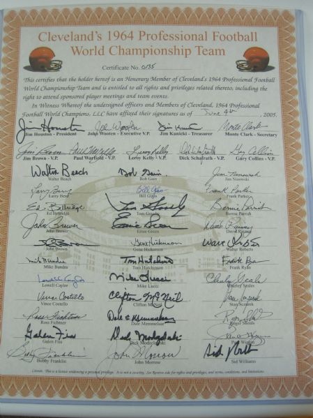 Cleveland Browns 1964 Championship Team Signed Certificate