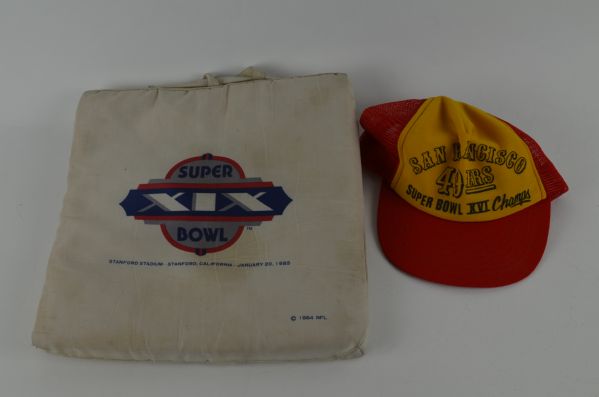 SF 49ers Super Bowl XVI Locker Room Hat & Super Bowl XIX Seat Cushion