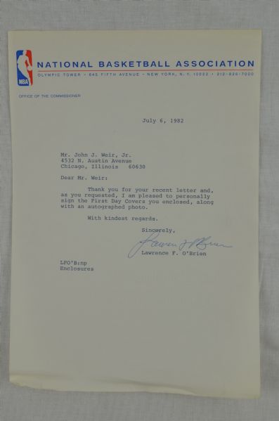 NBA Stationary Typed Letter Autographed by Lawrence F. OBrien