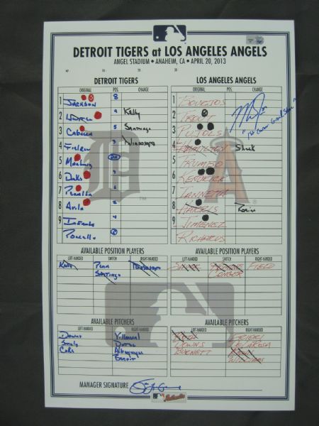 Mike Trout Uniquely Inscribed Game Used Line-Up Card From 1st Career Grand Slam Game MLB Authenticated