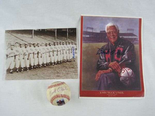 Buck ONeil Lot of 3 Autographed Photos & Baseball