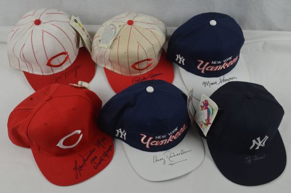 New York Yankees & Cincinnati Reds Lot of 7 Autographed Hats 