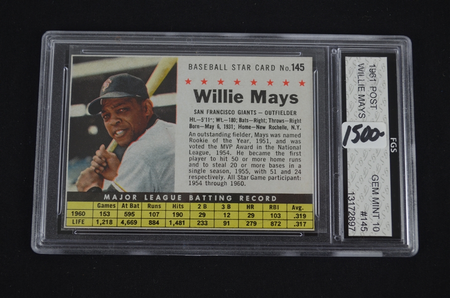 Willie Mays 1961 Post Baseball Card Graded Gem Mint 10