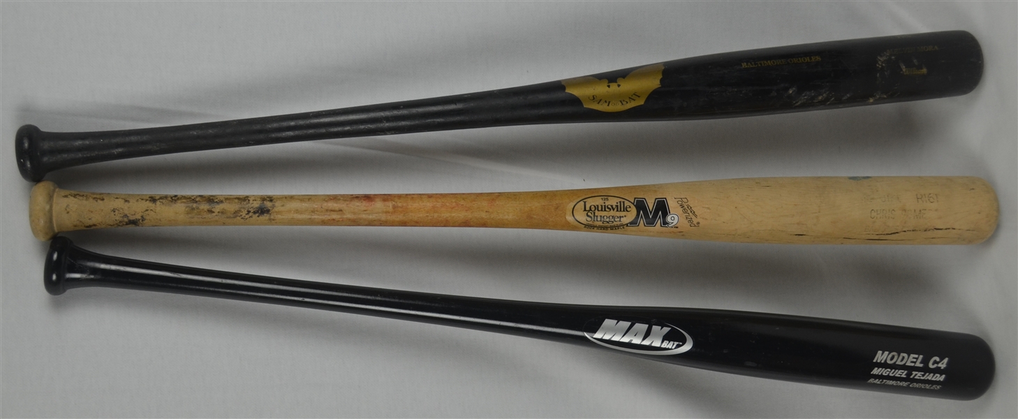 Baltimore Orioles Lot of 3 Professional Model Bats w/Miguel Tejada