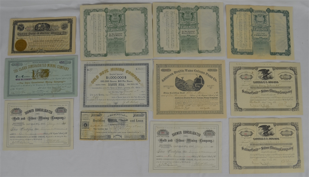 Vintage Collection of 12 Nineteenth Century Gold & Silver Mining Stock Certificates