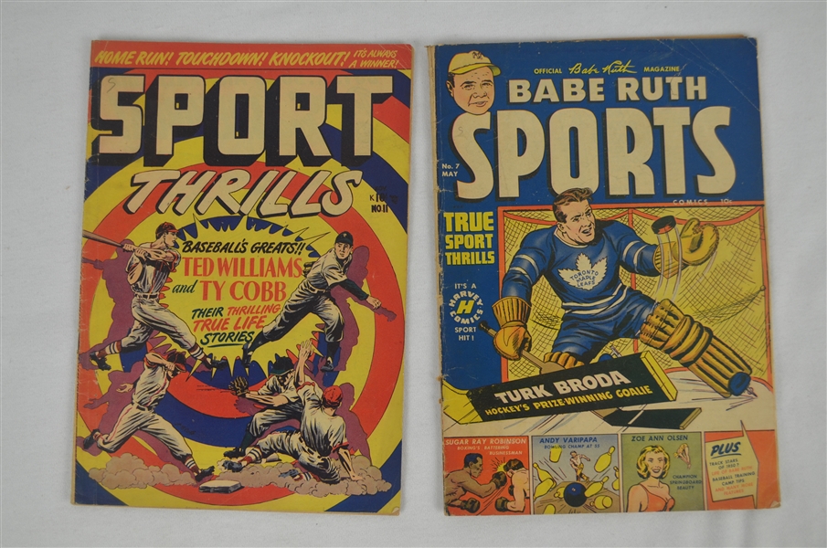 Vintage 1950 Lot of 2 Sports Comic Books w/Babe Ruth Ty Cobb & Ted Williams