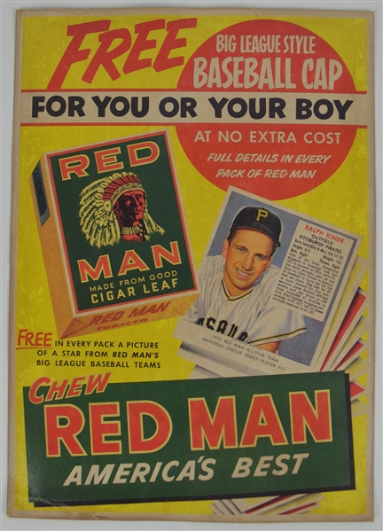 Vintage 1952 Red Man Tobacco Advertising Poster w/Ralph Kiner