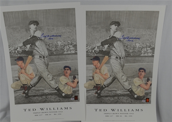 Ted Williams Lot of 2 Autographed 1942 Triple Crown Lithographs