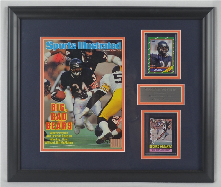Walter Payton Autographed Sports Illustrated & Signed Card Framed Display