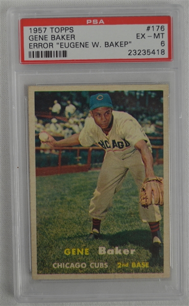 Rare 1957 Topps #176 Gene Baker (Bakep) Error Baseball Card PSA 6 EX-MT