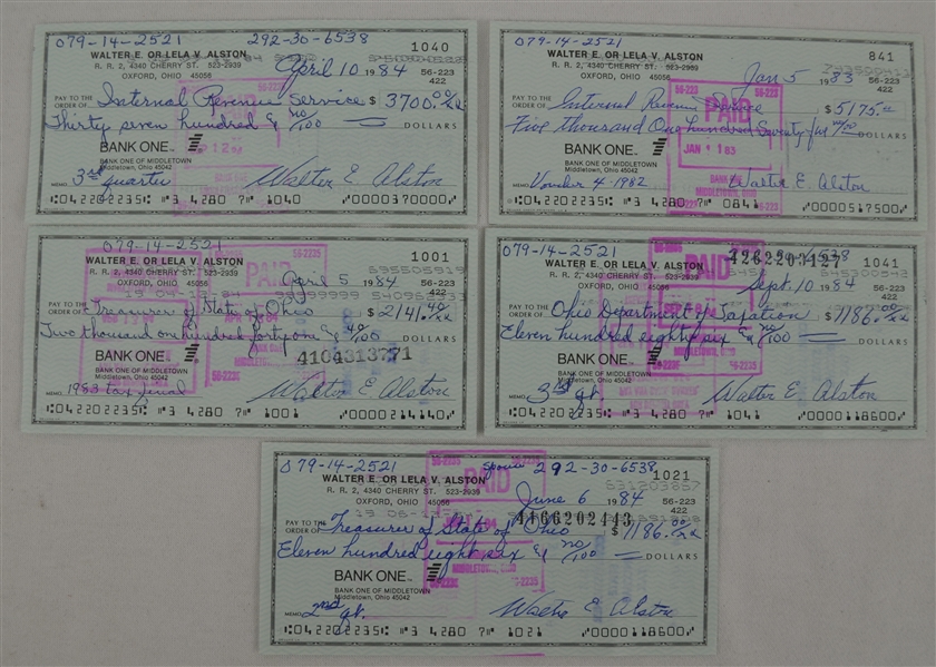 Walt Alston Collection of 5 Signed Checks w/Family LOA