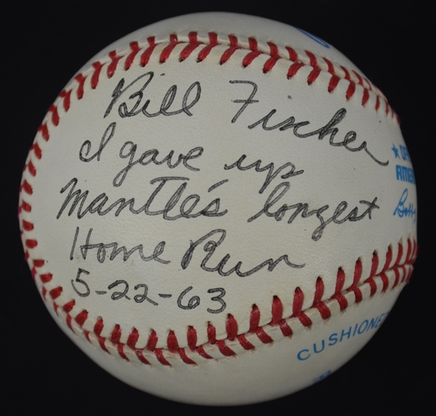 Bill Fischer Mickey Mantle Longest Home Run Inscribed Baseball & 1963 Topps Reprint