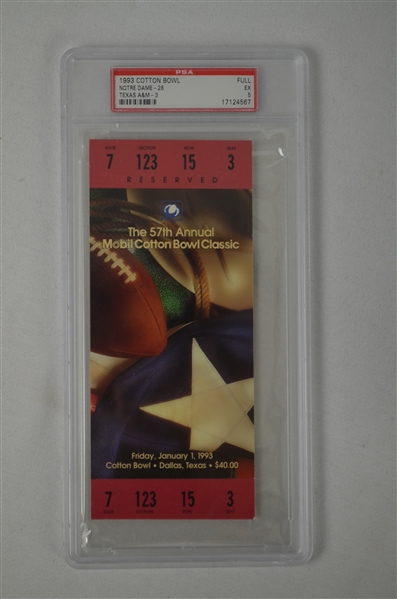 Cotton Bowl Game 1993 Full PSA Graded Ticket Notre Dame vs Texas A&M