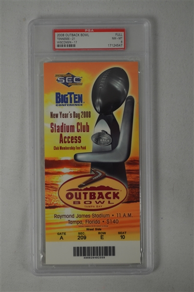 Outback Bowl Game 2008 Full PSA Graded Ticket Tennessee vs Wisconsin
