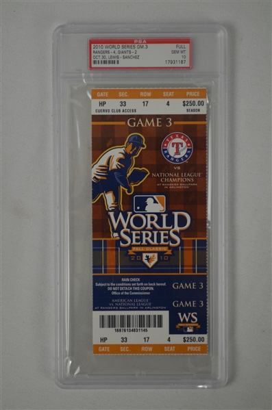 World Series 2010 Game 3 Full Ticket Graded PSA 10 Gem Mint