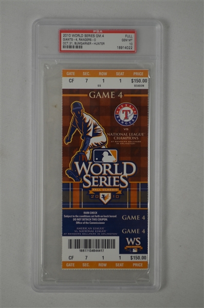 World Series 2010 Game 4 Full Ticket Graded PSA 10 Gem Mint