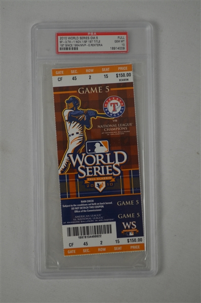 World Series 2010 Game 5 Full Ticket Graded PSA 10 Gem Mint