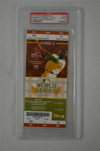 World Series 2011 Game 2 Full Ticket Graded PSA 10 Gem Mint