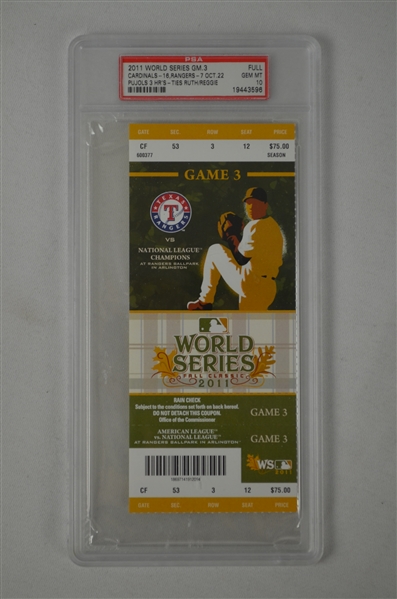 World Series 2011 Game 3 Full Ticket Graded PSA 10 Gem Mint w/Pujols 3 HRs