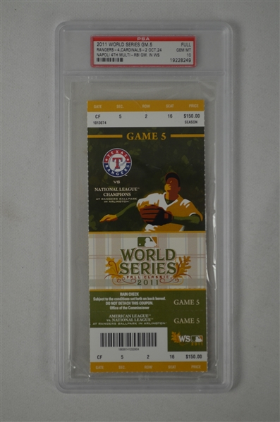 World Series 2011 Game 5 Full Ticket Graded PSA 10 Gem Mint