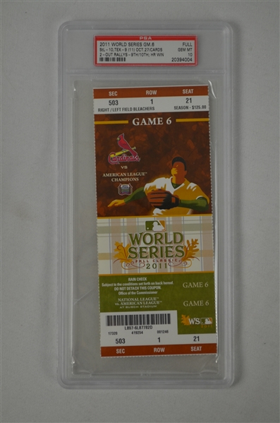 World Series 2011 Game 6 Full Ticket Graded PSA 10 Gem Mint