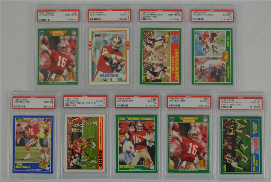 Joe Montana Collection of 9 PSA Graded 10 Gem Mint 1989 Football Cards 
