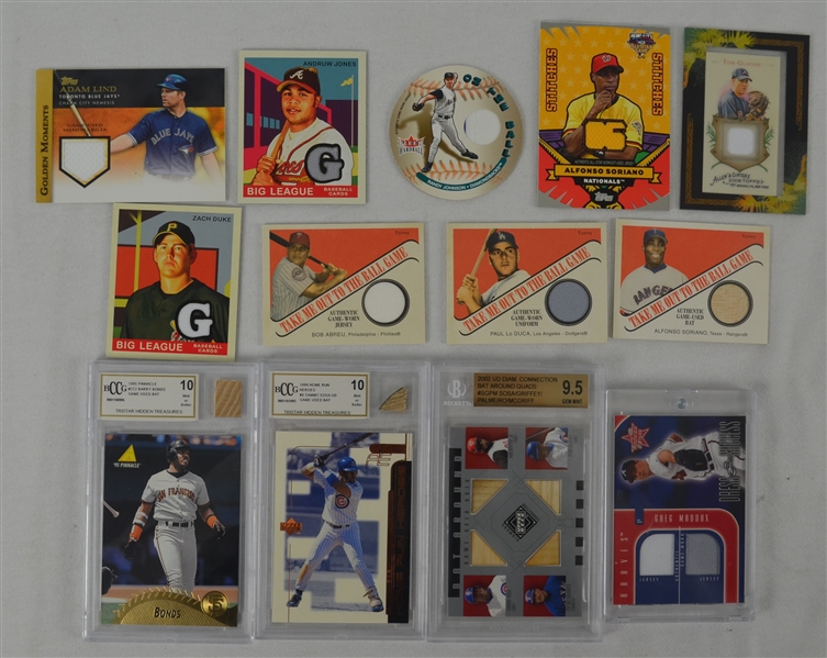 MLB Collection of 13 Game Used Jersey & Bat Cards 