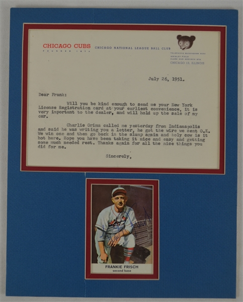 Frankie Frisch 1951 Chicago Cubs Letter & Autographed Baseball Card