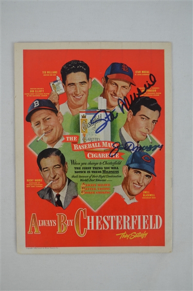 Joe DiMaggio & Stan Musial Dual Signed Chesterfield Ad