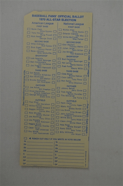 Rare 1970 First Year Unpunched MLB All Star Ballot 