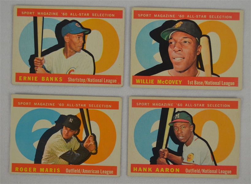 1960 Topps Lot of 4 All Star Cards w/Hank Aaron & Ernie Banks