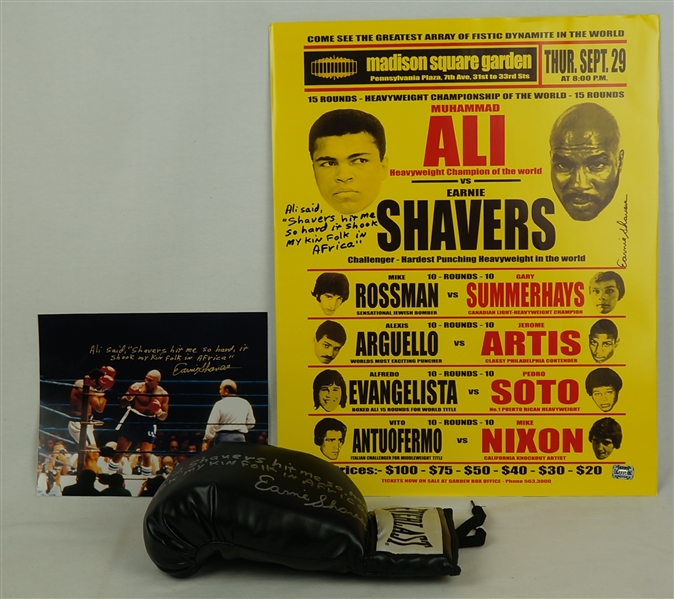 Ernie Shavers Autographed Boxing Glove, Photo & Muhammad Ali Fight Poster