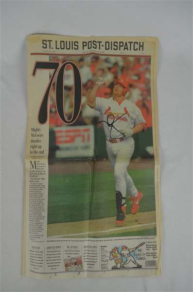 Mark McGwire 1998 Autographed 70th HR Newspaper