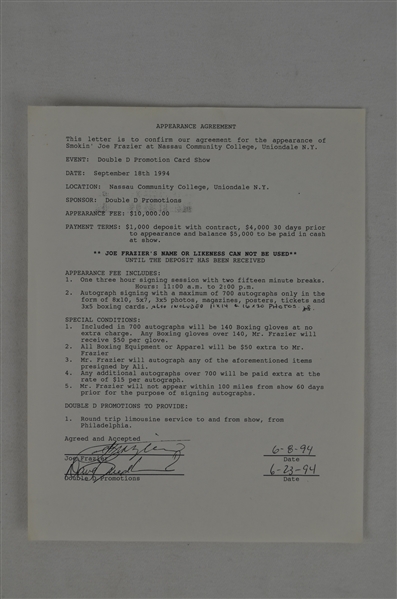 Joe Frazier Signed Contract for 1994 Show Appearance