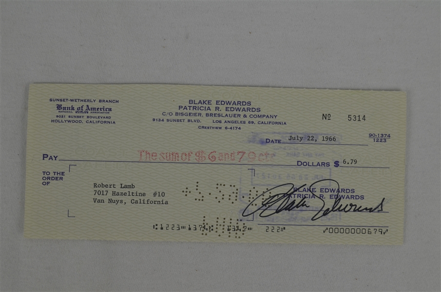 Blake Edwards 1966 Signed Check  