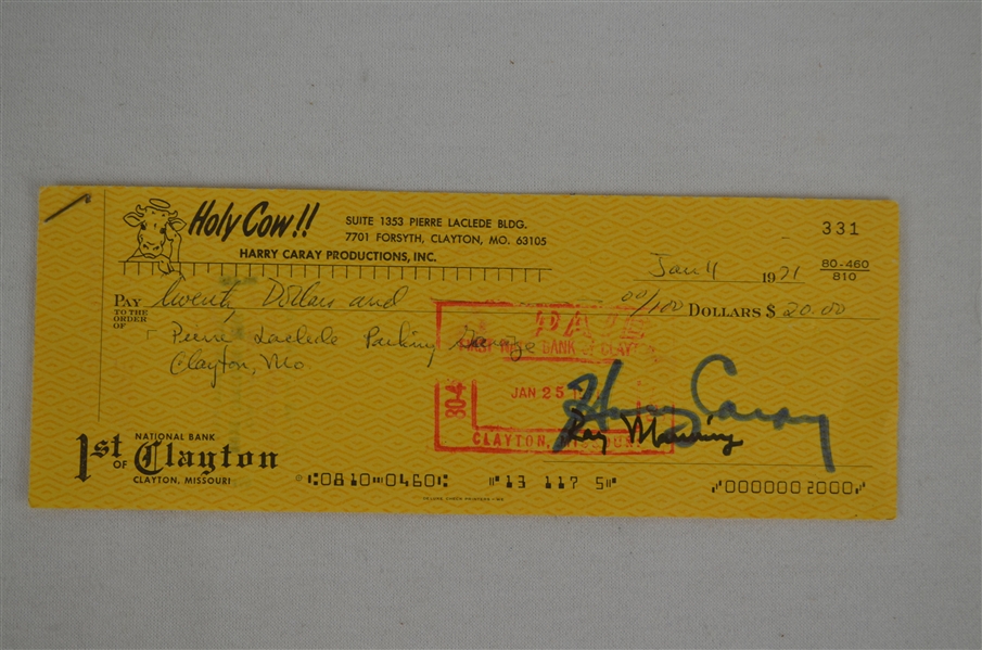 Harry Carry 1971 Signed Personal Check