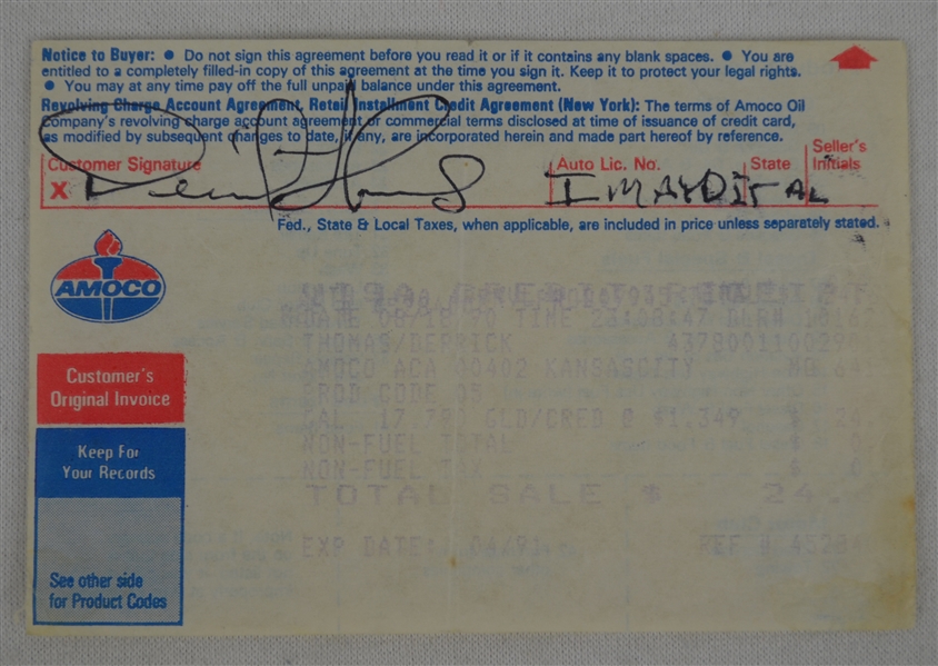 Derrick Thomas Hand Signed Reciept Dated August 18th 1990