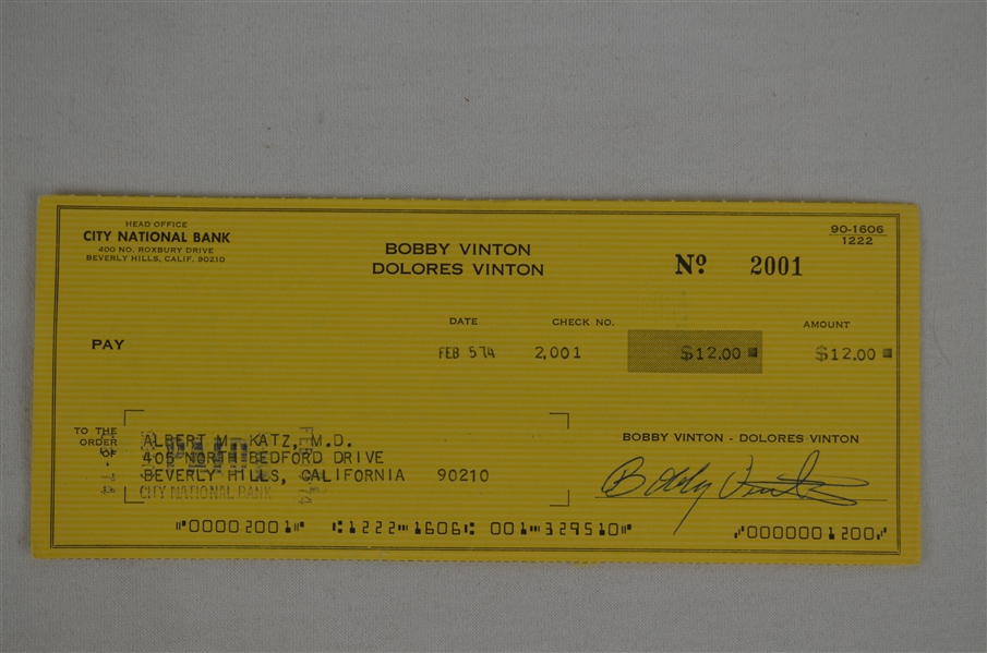 Bobby Vinton 1974 Signed Check