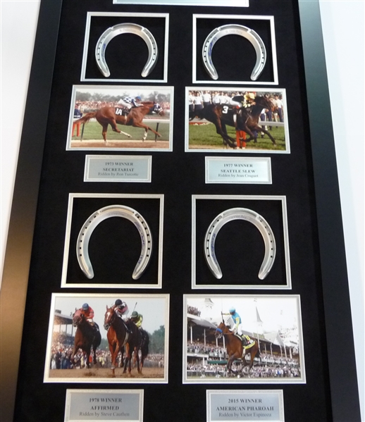 Triple Crown Signed Horse SHoe Display Signed by 4 Jockeys Secretariat, Seattle Slew, American Phroah