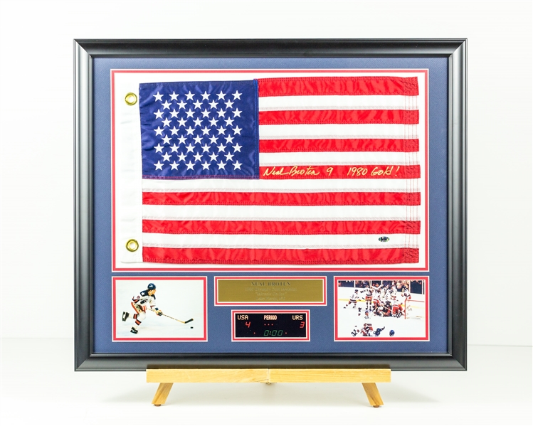 Neal Broten Signed Flag display