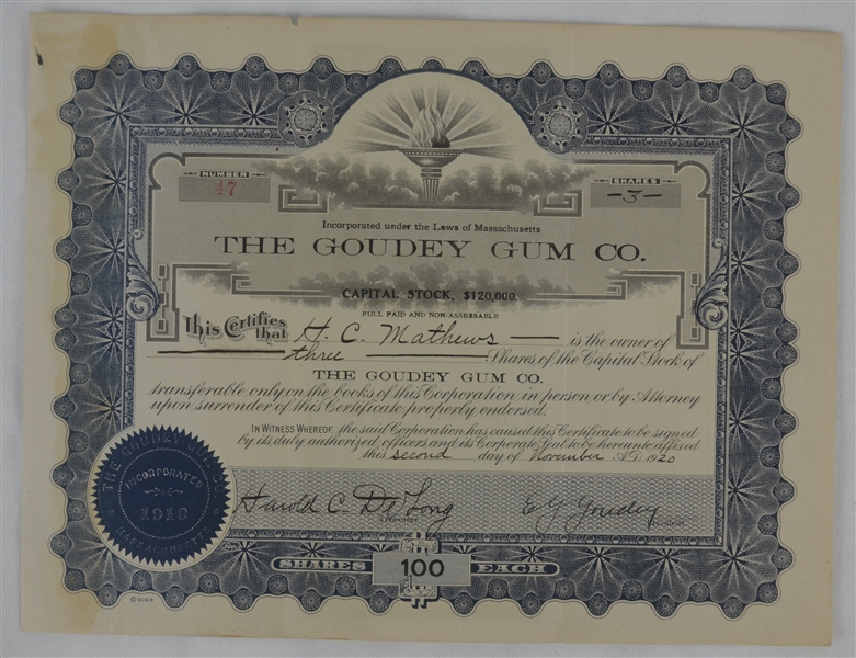 Goudey Gum Co. 1920 Stock Certificate