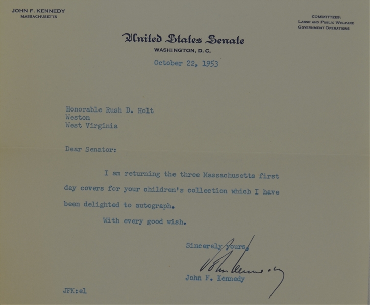 John Kennedy Signed Letter Dated October 22nd 1953 w/Full JSA LOA