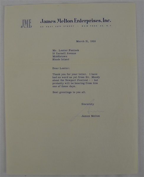 James Melton "The Tenor of His Times" Signed 1959 Letter
