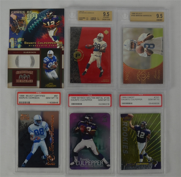 Collection of 7 Marvin Harrison & Daunte Culpepper Rookie & Game Used Cards