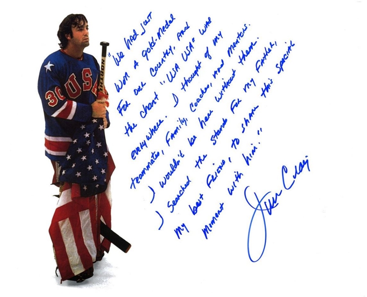 Jim Craig Signed 1980 USA Hockey Team 16x20 Extensively Signed Story Photo