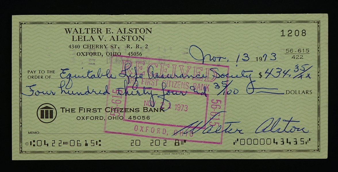 Walt Alston Signed Check Dated November 1973 w/Family LOA